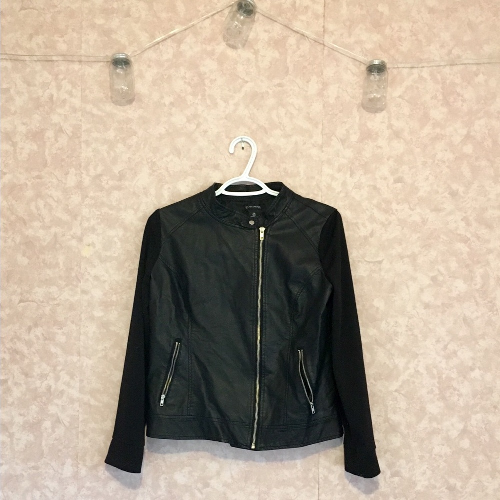 Faux Leather Moto Jacket with Assymetrical Zipper - Picture 2 of 5
